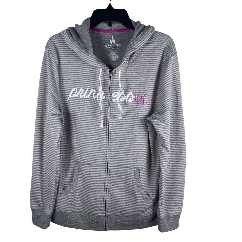 Disney Parks Full Zip Hoodie Princessing Striped Women XL Gray Pink Disneycore
